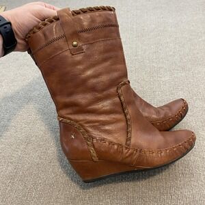 Pikolinos Booties Womens Size 7.5 Brown Leather Mid Calf Wedge Zip Casual